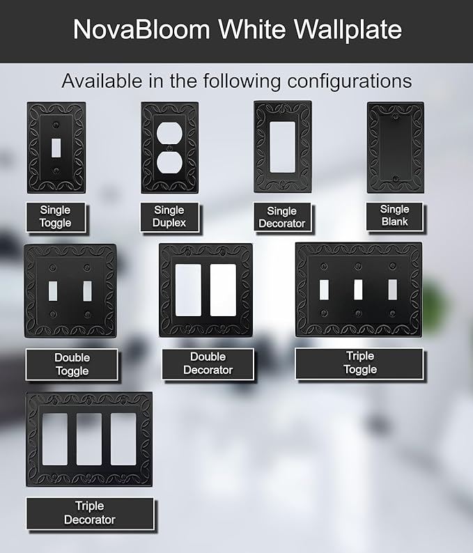 Single Blank Light Switch Cover NovaBloom Metal Wall Plate, 4-Pack Black 1 Gang, Light Switch Cover Outlet Cover Decorative Wallplate, Durable