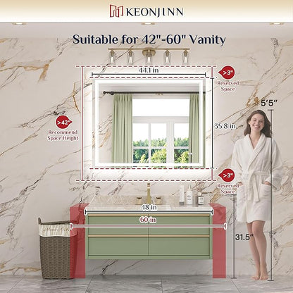 Keonjinn 44" x 36" Bathroom Mirror with Lights, Frontlit & Backlit LED Bathroom Mirror, Safe Tempered Glass, Anti-Fog, 3000K/4500K/6500K, Dimmable, UL-Listed, Frameless LED Wall Mirror