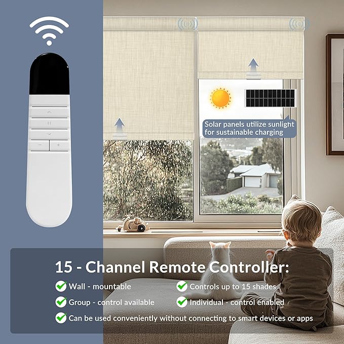 Boolegon Motorized Roller Blinds - 100% Blackout Smart Electric Shades with Remote, Compatible with Alexa/Google Home/HomeKit via Hub, Easy Install for Home Office, Beige, Custom Size.