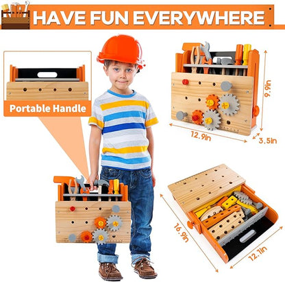 KIDWILL Wooden Tool Bench for Kids, 54-Piece Kids Tool Set with 2-in-1 Workbench & Take-Along Tool Kit, STEM Educational Toy Tools for Kids Ages 3 4 5 6 7 8 Years Old, Boy Toys