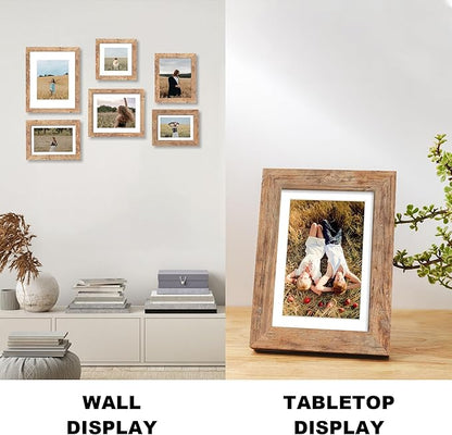 iRahmen 8x8 Picture Frame with HD Tempered Glass, Display Pictures 6x6 with Mat or 8 x 8 Without Mat, Wood Photo Frame for Tabletop and Wall (Rustic Brown, 1 Pack)