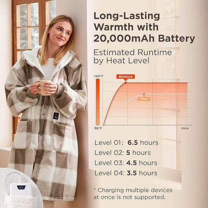 Bedsure Cordless Heated Wearable Blanket Hoodie - Faux Cashmere Electric Blanket with 20000mAh Battery Pack, Portable USB Heated Throw, Gifts for Women, 4 Heat Levels & 4 Timers, 22"x43", Brown Plaid