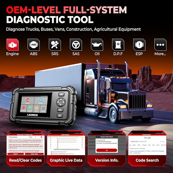 Launch CRP129 HD Heavy Duty Truck Scanner, 2026 Full System Diesel Scanner with Speed Limit Adjust Reset, D.P.F Regen, Oil Reset for Commercial Vehicles, Cummins, Detroit, International Paccar