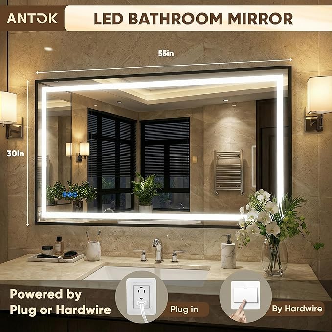 Antok 55X30 LED Bathroom Mirror with Lights, Vanity Mirror for Wall with Black Frame, Touch Control, Anti-Fog, Dimmable Lights, Shatter-Proof, Memory Function, Wall-Mounted Vanity Mirrors