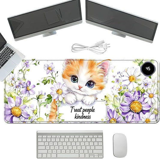 Heated Mouse Pad with 3 Temperature Settings(104°F–122°F),Large 31.5x13 Inch PU Leather Heated Desk Mat,Waterproof Warming Pad for Office,Gaming & Cold Hands Relief,Cute Cat Flower
