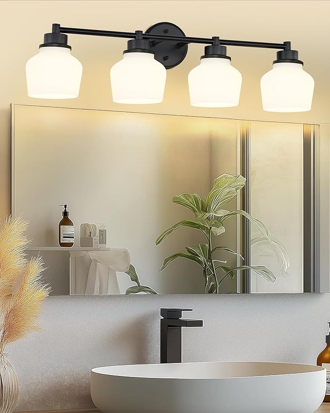Emak 29 Inch Black Vanity Light, Farmhouse Bathroom Light Fixtures Wall Sconces with Milk Glass Shade, 4-Light Vanity Lights for Bathroom, Mirror, VL122-BK-ML-4