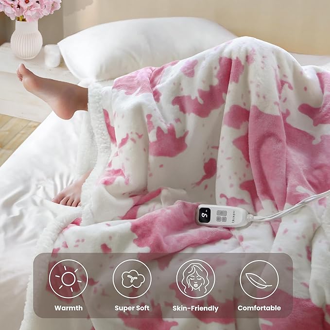 Cow Print Heated Blanket Full-Heating Electric Blanket Full with 10 Heat Levels & 10 Hours Auto-Off, Cozy Soft Fleece Sherpa, Washable, 72 x 84 Inches Cow Print Pink
