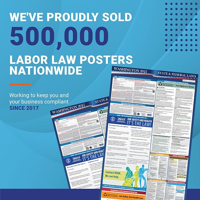 2025 Washington State and Federal Labor Law Poster - OSHA Workplace Compliant - Mandatory Regulations Posting for Employees - All-in-One Required Compliance Posting 16" x 40" - Laminated (English Poster)