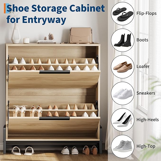 CABIHOME Shoe Storage Cabinet with 2 Flip Drawers, Freestanding Shoe Organizer with Metal Legs, Adjustable Shelf Narrow Shoe Rack Cabinet for Entryway, Hallway, Living Room, Oak