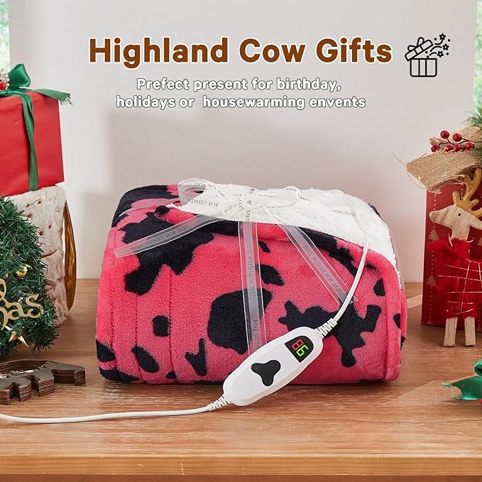 Cow Print Heated Electric Blanket Throw,50X60 Pink Heating Blanket with 10 Heats Levels & 8 Hours Auto Off,Highland Cow Decor Stuff Fleece Sherpa Blankets Warmer Gifts for Women Adults Washable