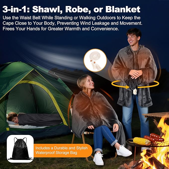 Large Portable Heated Blanket 71" × 43", Includes 2 Portable 20000mAh 7.4V Power Banks, 11 Heating Zones, 3 Heat Settings, 1–6H Timer, Machine Washable, with Laundry Bag, Waist Belt & Backpack