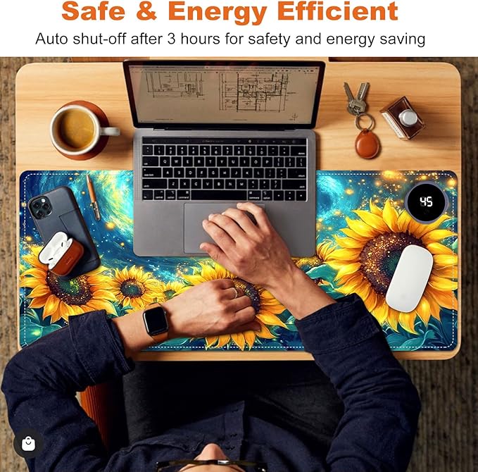 Heated Mouse Pad for Desk 31.5" x 13" – PU Leather Warm Desk Pad with 3 Heat Levels (104°F/113°F/122°F), Plug-in Electric Heating Mat with Auto Shut-Off, Waterproof & Rollable, Starry Sunflowers