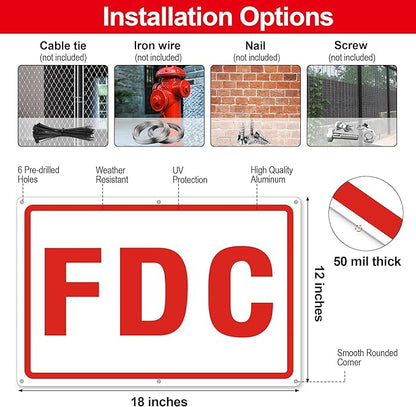 FDC Sign, 2 Pack Outdoor Aluminum Metal Sign, FDC Signs for Fire Department Connection, UV Protected Weather Resistant and Easy to Install (White Color, 18 x 12 inches)
