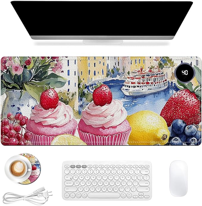 Heated Mouse Pad 31.5x13 in 3-Temp Fast Heating Desk Mat with Auto Timer Warmer for Hands Wrist Pain Relief Waterproof Keyboard Mat for Office, Gaming, Home, Sweet Treats Garden