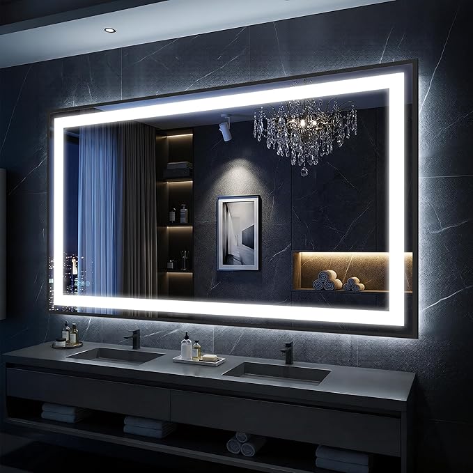 Antok 55X40 LED Bathroom Mirror with Lights, Vanity Mirror for Wall with Black Frame, Touch Control, Anti-Fog, Dimmable Lights, Shatter-Proof, Memory Function, Wall-Mounted Vanity Mirrors