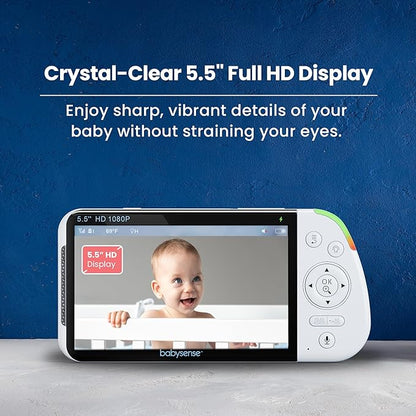 Babysense Full HD 5.5" Split Screen Baby Monitor with Camera and Audio, 6-Color Night Light, White Noise, Sound & Light Machine, 20-Hour Battery, Hack-Proof Non-WiFi Secure Connection