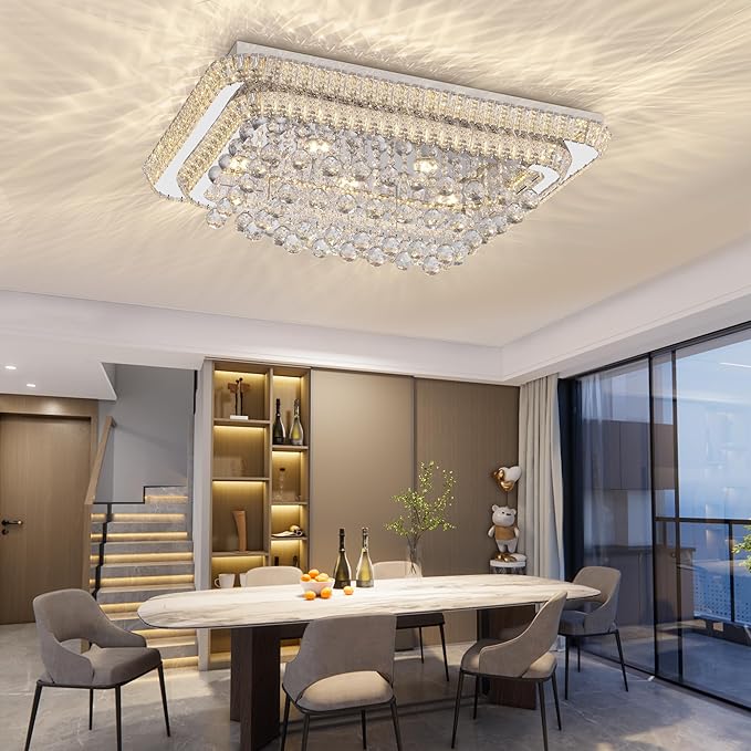 COCOSTAR 32 inch Crystal Flush Mount Chandelier Remote/APP, Modern Raindrop LED Ceiling Light, 3CCT Dimmable & Brightness Adjustable,Elegant Chandeliers for Bedroom Hallway Dinning Room Living Room