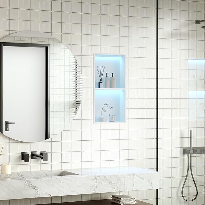 Stainless Steel Shower Niche 12" X 24", No Tile Needed Wall Niche with RGB Led Light, Recessed Shower Shelf for Bathroom Storage Over Mount Installation, Matte White