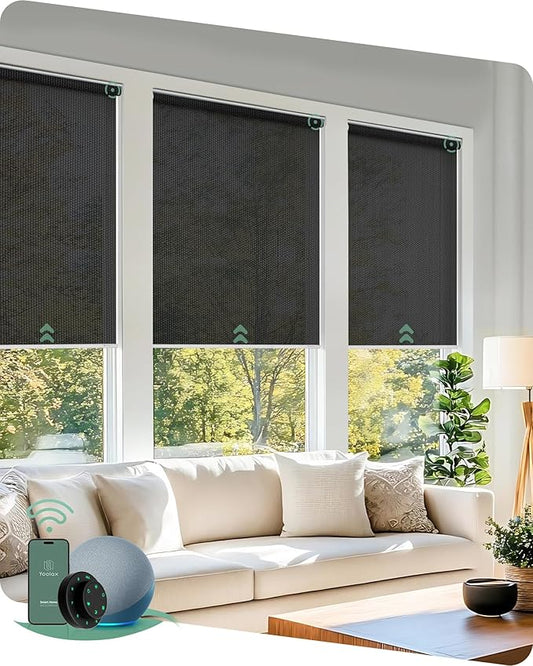 Yoolax Motorized Solar Shades, Flame Resistat Smart Blinds for Windows Motorized Roller Shades, Motorized Blinds Compatible with Alexa Custom Size (Solar-5% Openness Black)
