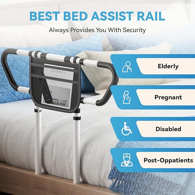 Bed Rails for Elderly Adults Safety - ASTM F3186-17 Certified 400lbs Capacity Adjustable Bed Assist Rail with Non-Slip Handles & Storage Bag, Fits Twin/Full/Queen/King Beds