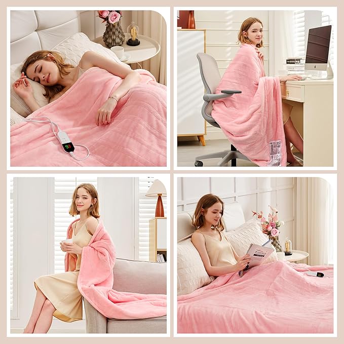 Heated Blanket King 90"×100" - Premium Cosy Soft Electric Blanket with 6 Heating Levels, Dual Control Fast Heating Flannel Sherpa Blanket for Bed & Couch, Auto Shut Off/Machine Washable (Pink)