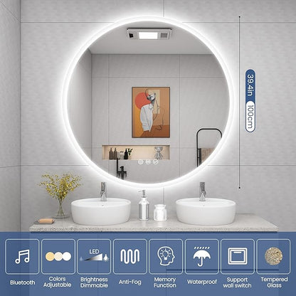 STARLEAD 40" LED-Bathroom-Mirror-with-Lights, Wall-Mounted with Bluetooth Speaker, Anti-Fog, 3 Color Temperature, Dimmable Brightness, Waterproof, Tempered Glass, Frontlit & Backlit, Round