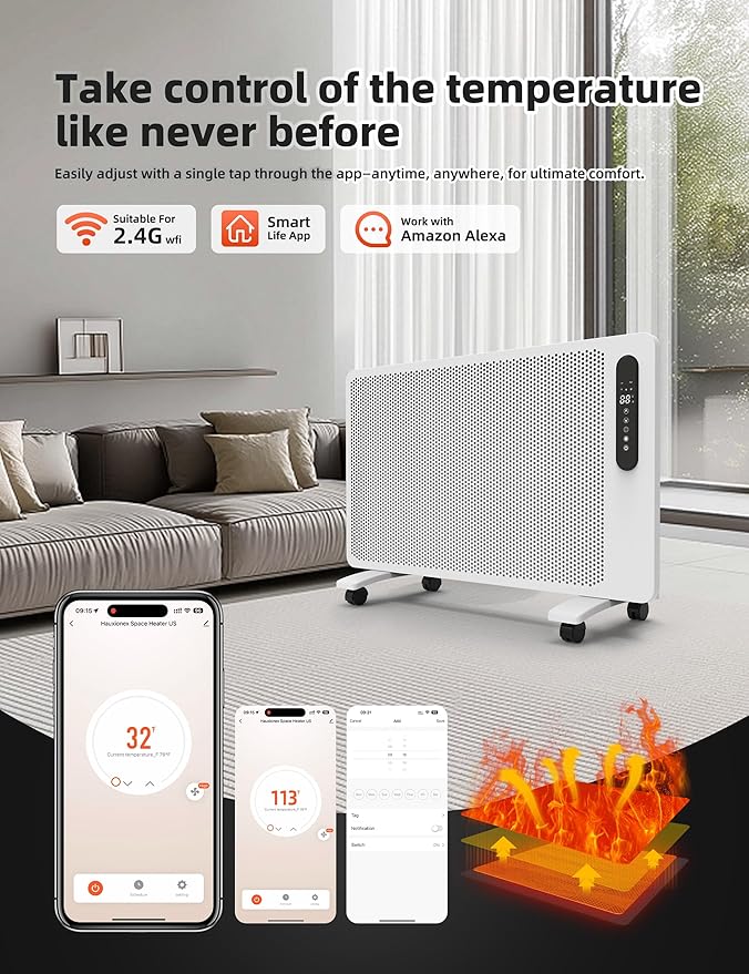 Mica Infrared Space Heater for Indoor Use, Large Room Wall Mount or Portable Panel Heater with WiFi Smart App & Alexa Control, Fast Heating, Energy Efficient, Quiet, White