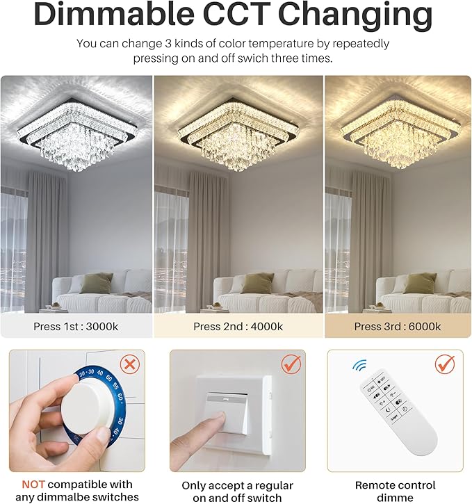 Elegant LED Crystal Raindrop Ceiling Light, 24 in Square Flush Mount Chandelier with Remote for Living Room Kitchen Island Bedroom Hallway Entryway Foyer (Dimmable)