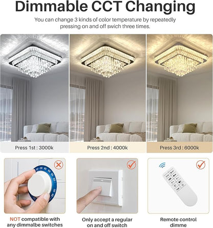 Elegant LED Crystal Raindrop Ceiling Light, 24 in Square Flush Mount Chandelier with Remote for Living Room Kitchen Island Bedroom Hallway Entryway Foyer (Dimmable)