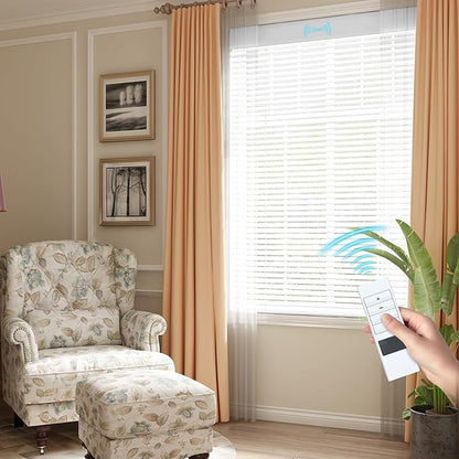 Motorized Cordless Aluminum Blinds with Remote, Automatic Room Darkening Horizontal Blinds for Indoor Window, Light Adjustment Waterproof Blinds, Customized for Home, Office, White