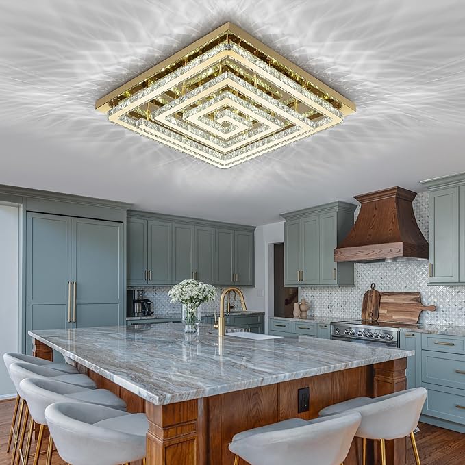 43" Modern Gold Crystal Chandelier with Remote/App Control, Dimmable Flush Mount Ceiling Light Fixture,3-Color Temperature, Led Ceiling Lamp for LivingRoom Bedroom Kitchen DiningRoom Entryway
