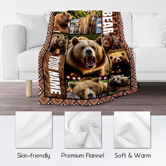 Personalized Blankets for Dad, Custom Bear Blanket Gifts for Men Boys Adults, 60"x80" Forest Animal Throw Gift for Hunters - Soft, Fuzzy & Cozy Flannel Throws Wildlife Country Decor