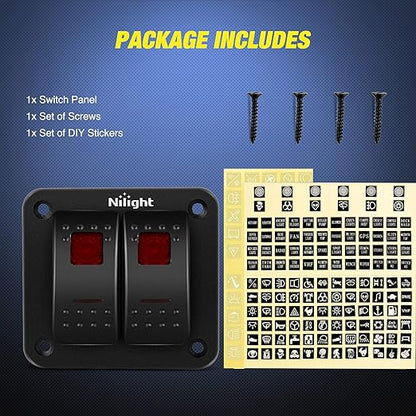 Nilight 2 Gang Rocker Switch Panel 12V 24V DC Red Switches Aluminum 5Pin ON Off PreWired Toggle Waterproof for Cars Boats ATVs UTVs