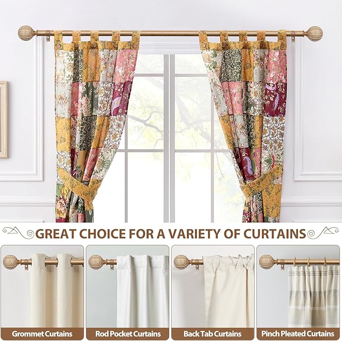 KAMANINA 2 Pack Wood Curtain Rods for Windows 48 to 84 Inch(4-7ft), 1 Inch Adjustable Drapery Rod, Decorative Heavy Duty Curtain Rods with Leaf Pattern Finials, Wood Grain
