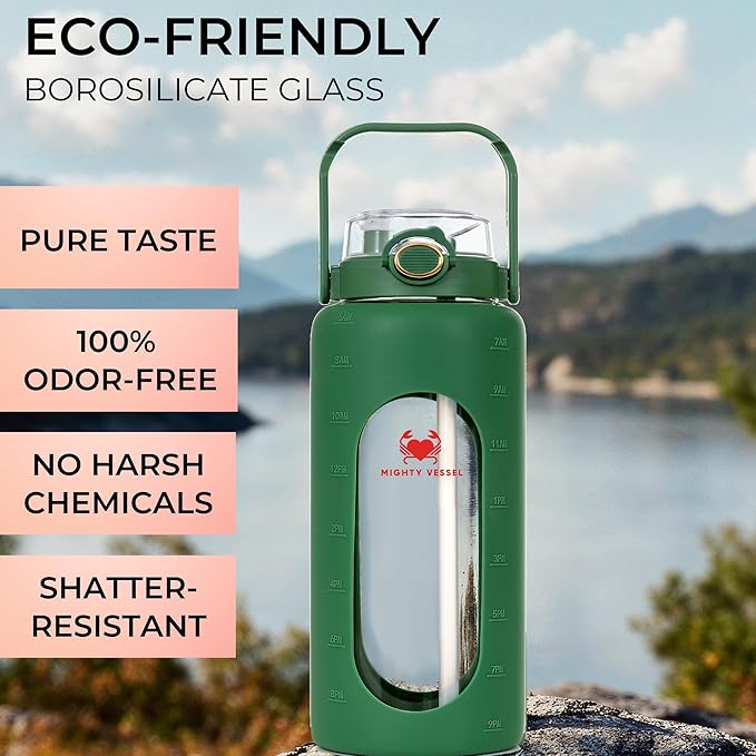 64 oz Glass Water Bottle – Olive Green | Leakproof Borosilicate Glass Jug with Straw, Time Marker & Silicone Sleeve – Hydration for Gym, Sports, Daily Use