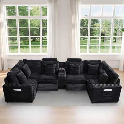LEVNARY Modular Sofa Armrest Set of 2 with Side Storage Pockets, Faux Rabbit Fur Upholstered Arm Panels, Compatible with Modular Recliner System (Black)