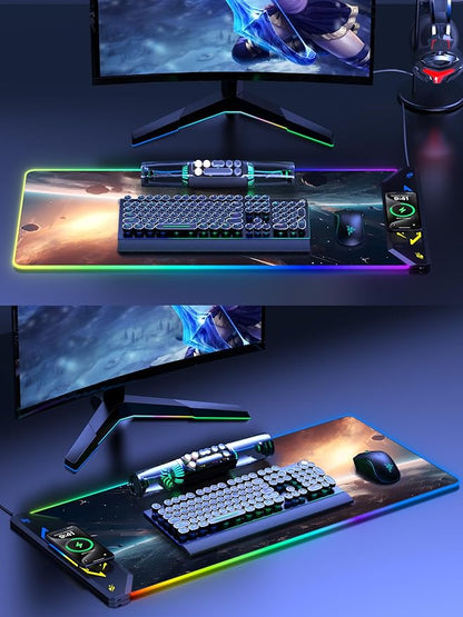 TopMade Wireless Charging Mouse Pad, RGB Gaming Mousepad, 35.4" x 15.8" Extra Large Waterproof Keyboard Desk Pad, Computer Desk Mat, Cosmic Planet (Includes 20W PD Power Adapter & 6.56ft Woven Cable)