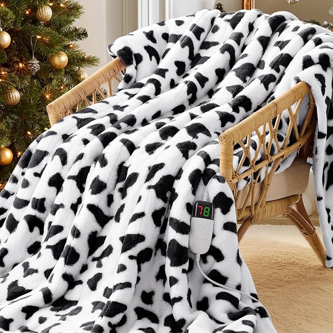 Black Heated Electric Blanket Throw,50X60 Cow Print Heating Blanket with 10 Heats Levels & 8 Hours Auto Off,Cute Cow Decor Stuff Soft Fleece Sherpa Blankets Warmer Gifts for Women Washable