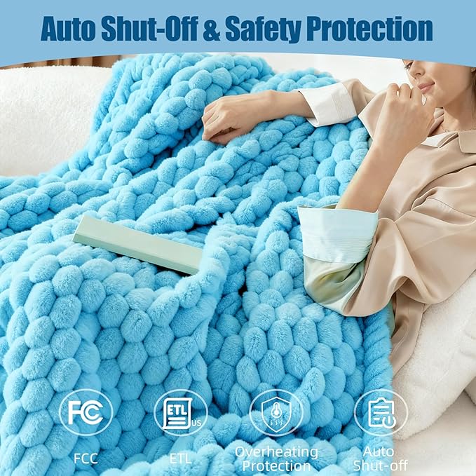 Electric Blanket 50" x 60" Soft Ribbed Faux Fur Flannel Quick Heat 12 Heat Levels 1-12 Hour Timer and Overheat Protection & Auto Shut Off & ETL FCC (Sky Blue, Throw 50" x 60")