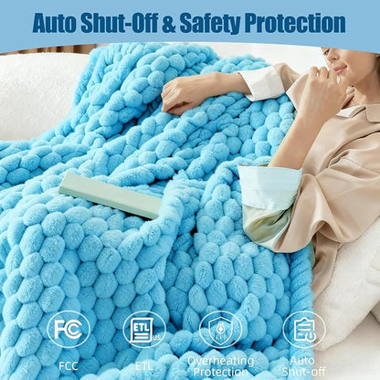 Electric Blanket 50" x 60" Soft Ribbed Faux Fur Flannel Quick Heat 12 Heat Levels 1-12 Hour Timer and Overheat Protection & Auto Shut Off & ETL FCC (Sky Blue, Throw 50" x 60")