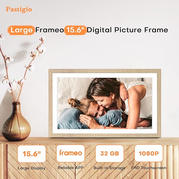 Digital Picture Frame Large, 15.6 Inch Digital Photo Frame Frameo, WiFi Electric Slideshow Frame, 1920*1080 IPS FHD Touchscreen, 32GB, Tabletop&Wall-Mounted, Share Video Picture, Gifts, Oyster White