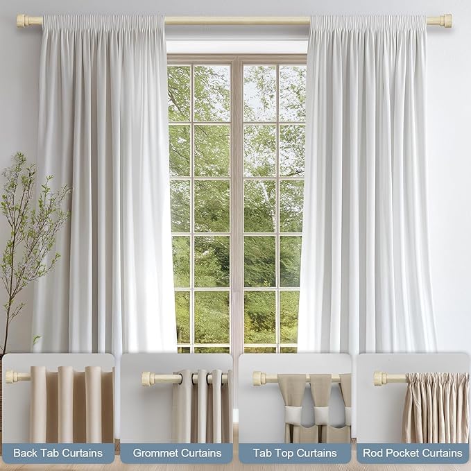White Oak Wood Grain Curtain Rods for Windows 28 to 48 Inches 1" Diameter Boho Decorative Heavy Duty Window Curtain Rod Adjustable with Solid Finials for Living Room Bedroom Kitchen Farmhouse Outdoor