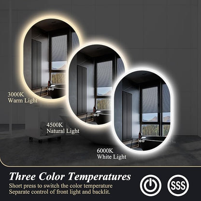 S'bagno 2pcs 28x20 inch Oval-Led-Bathroom-Mirror Dimmable Brightness, Lghted-Bathroom-Mirror with Defogger, Touch-Buttons, Lights Color Changing, Vertical and Horizontal