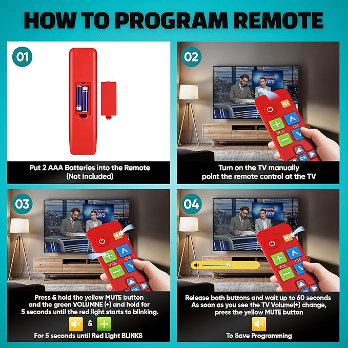 Plus Big Button Universal TV Remote (Red) Simple Easy to Use, Works with Major TV Brands (2xAAA Batteries Not Included)
