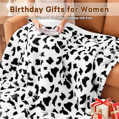 Cow Print Heated Electric Blanket Twin,62X84 Black Heating Blanket with 10 Heats Levels & 8 Hours Auto Off,Cute Cow Decor Fleece Sherpa Blankets Warmer Gifts for Women Couch Office,Washable