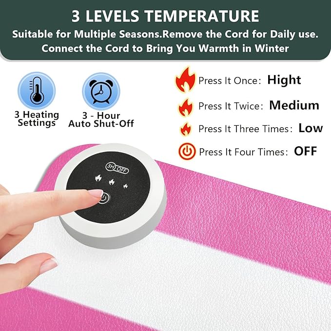 Heated Desk Pad Mouse Pad 31.5x13 Inch PU Leather Desk Mat with 3 Heat Levels Large Mouse Gaming Computer Laptop Mat Hot Pink White Stripes
