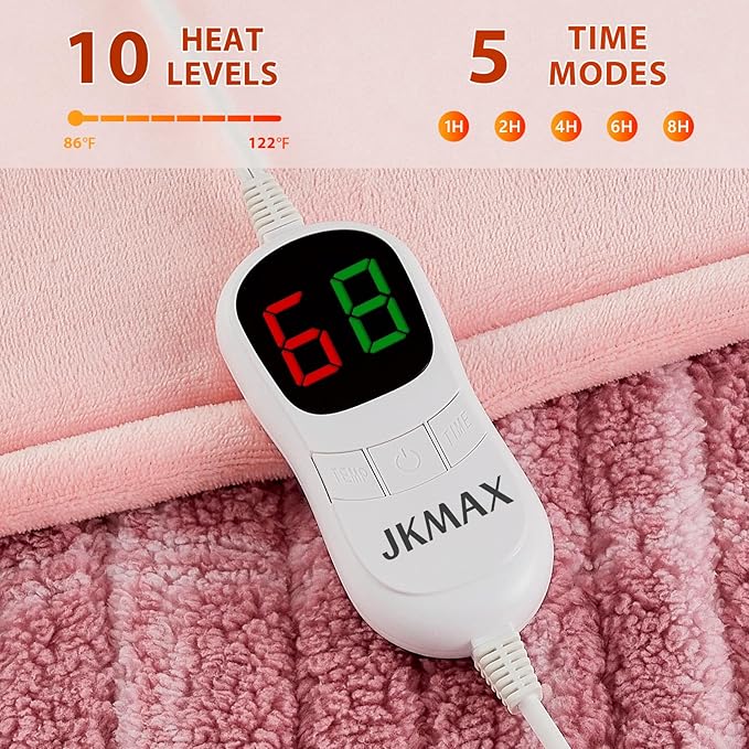 Heated Electric Blanket Throw Size - 50"x60" Flannel Heating Blanket with 10 Heating Levels & 5 Time Settings Over-Heat Protection, Winter Warmer for Adults with ETL Certification（Pink）