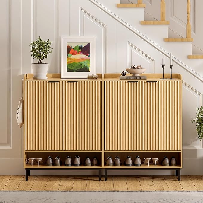 Large Shoe Cabinet with Doors Set of 2, Fluted Wooden Storage with Adjustable Shelves, Hanging Rod Modern Tall Freestanding Shoe Rack Organizer for Entryway, Hallway Natural Oak