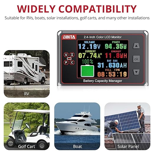 BINTA 500A Battery Monitor Shunt 8-100V 2.4 Inch Color Screen for Lifepo4 Lithium Sealed Gel Flooded Batteries, Backlight Waterproof Battery Monitor with Sliding Cover for Car RV Golf Cart Solar Panel