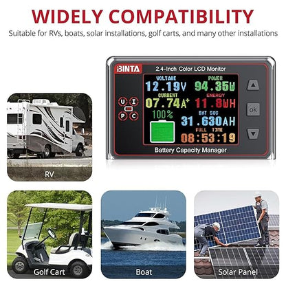 BINTA 500A Battery Monitor Shunt 8-100V 2.4 Inch Color Screen for Lifepo4 Lithium Sealed Gel Flooded Batteries, Backlight Waterproof Battery Monitor with Sliding Cover for Car RV Golf Cart Solar Panel
